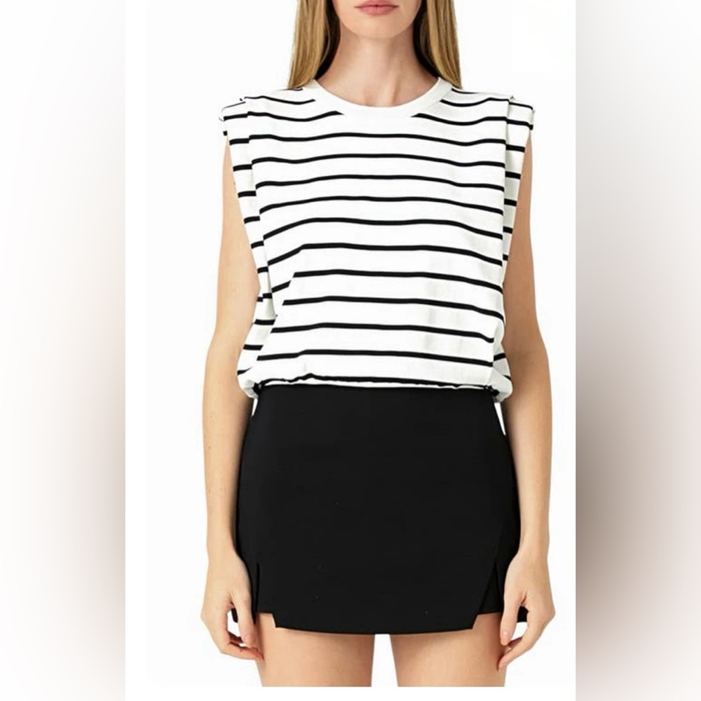 ENDLESS ROSE Striped Sleeveless Pleated Knit Top Shoulder Pads Size XS